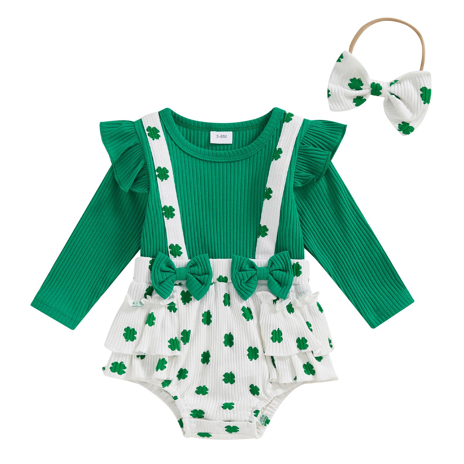 

Комплект из 2 предметов для девочек, весенние наряды, комбинезон с длинными рукавами, бантом спереди и повязкой на голову, одежда для новорожденных 6-12M зелёный