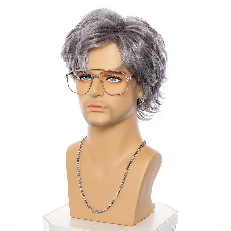 Synthetic Men Curly Wigs Short Silver Gray Wig With Bangs Natural Daily Halloween Cosplay Gifts Hair Wig Heat Resistant Fibre