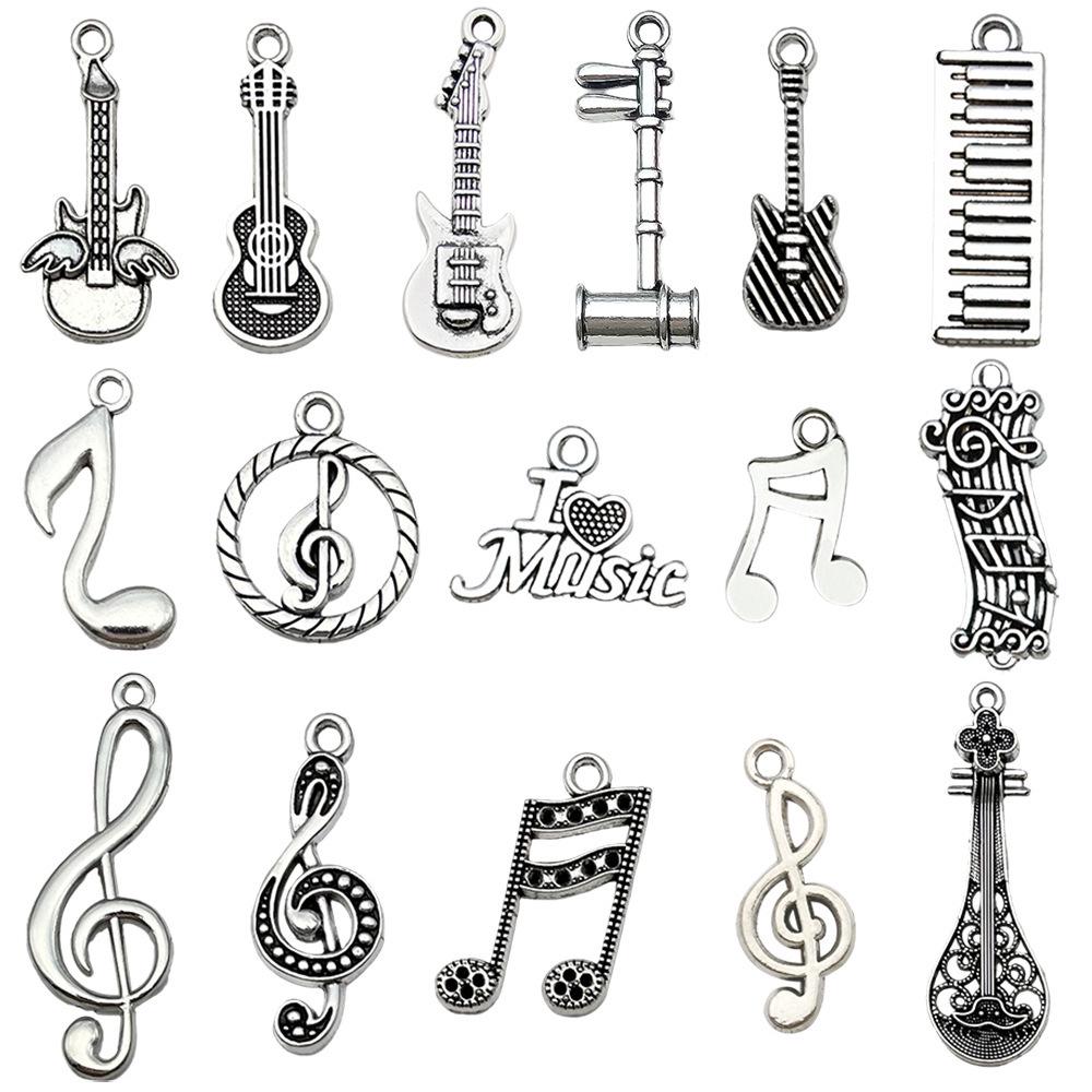 Starožitný stříbrný slitinový přívěsek ve tvaru noty na kytaru pro DIY šperky