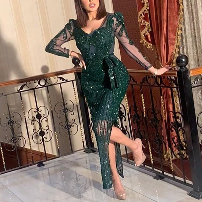 European and American Fashion Women New Shayin Long sleeve Sexy Formal Dress Women Sexy Sequin Party Dress