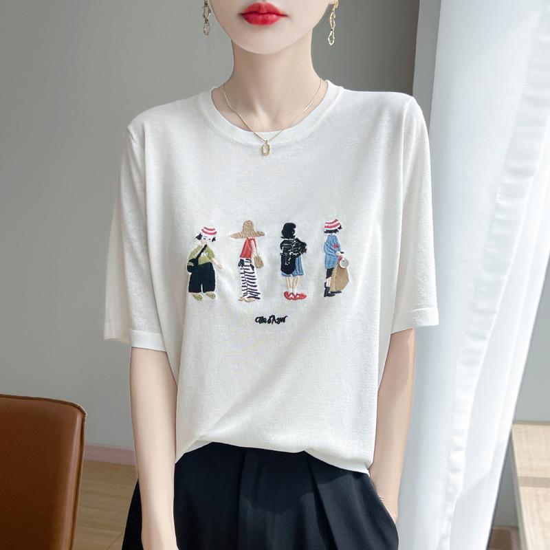 Льняной трикотажный топ с круглым вырезом и короткими рукавами в стиле бамбуковых колен летняя новинка универсальный базовый слой M белый 1848₽