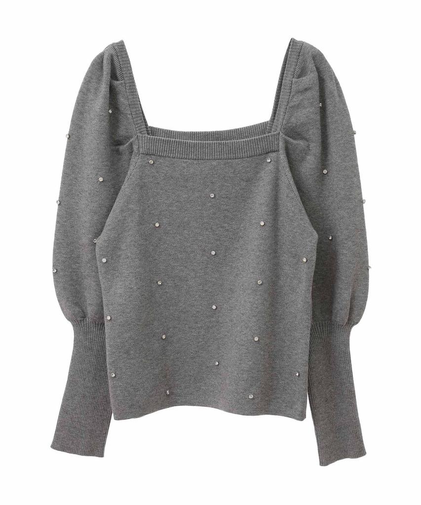 Son de Rhinestone Puff Sleeve Knit Light Gray [Trenteant Mode] Sweater, Women's,