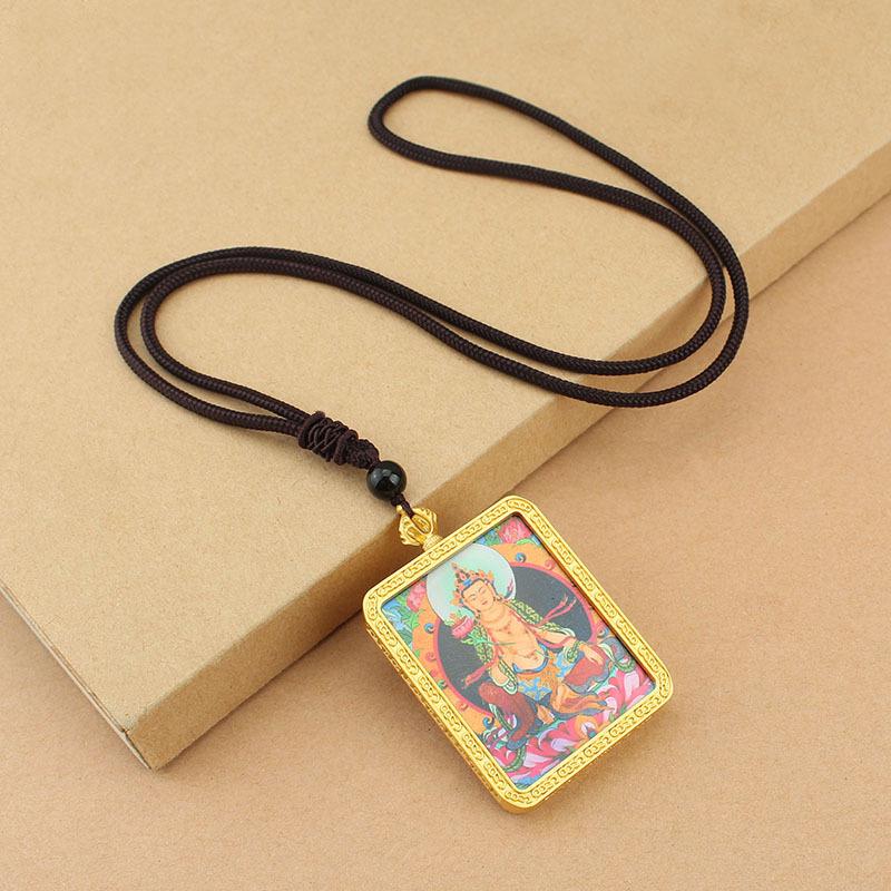 Tibetan Thangka Necklace: Eight Protectors & Zodiac Animals Pendant, Yellow Dzambala Design
