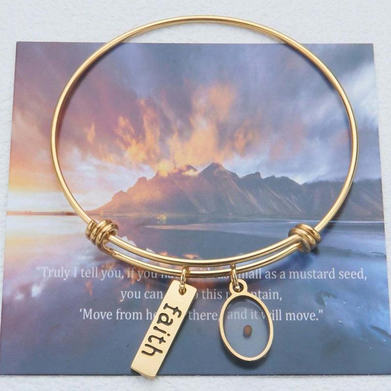 Belief Elliptical Stainless Steel Adjustable Stretch Bracelet Mustard Seed Necklace Decoration