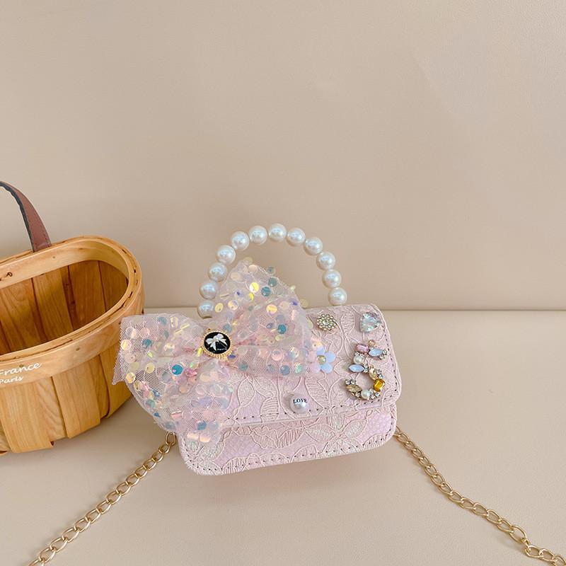 Entzückende Mini-Prinzessin-Tasche mit Schleife für Kinder mit schickem Perlendetail und stilvoller Kette