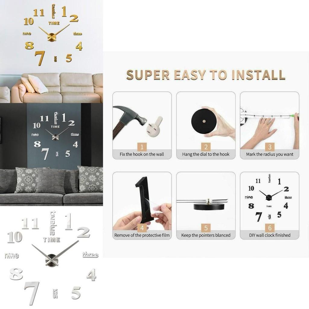 Große DIY 3D Rahmenlose Zahlenwanduhr mit leisem Uhrwerk und Spiegeloberfläche