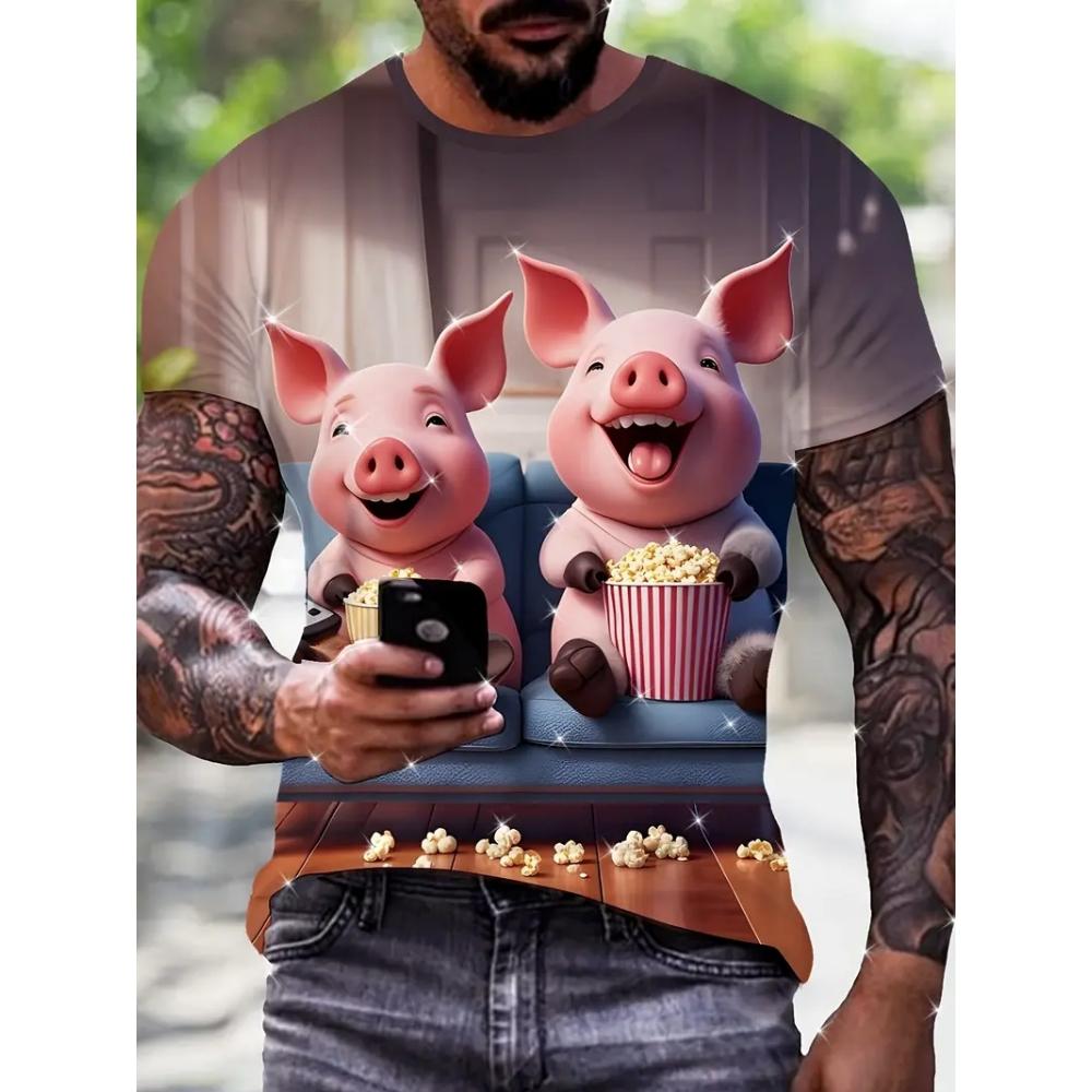 Herren Lustiges Schwein T-Shirt Niedliche Cartoon 3D Druck Kurzarm für Mann Rundhals T-Shirts Polyester Oberteile Outdoor Schnelltrocknend Herrenbekleidung