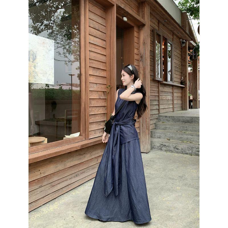 Fancy Suit Niche Style Lace-up Vest Tops Women's Summer High Waist A- line Skirt Old Money Style Two-piece Set