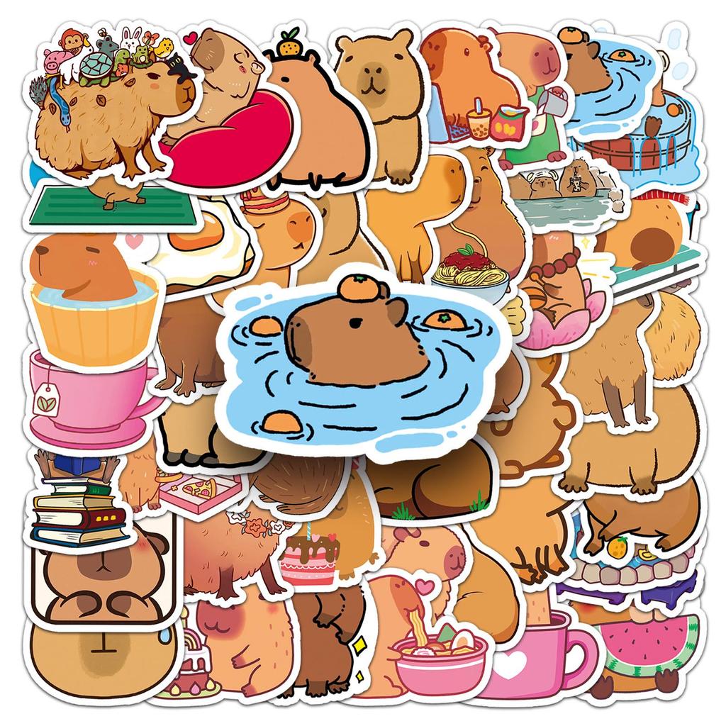 50 Capybara Cartoon Stickers - Cute Brown Capybara Guinea Pig Animal - Waterproof Decorative Stickers for Phone and Computer