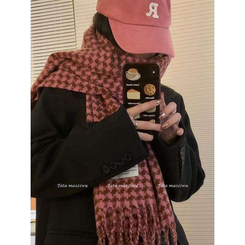 Retro plaid contrasting scarf women's winter warmth couple knitted scarf fringed shawl dual-purpose tide