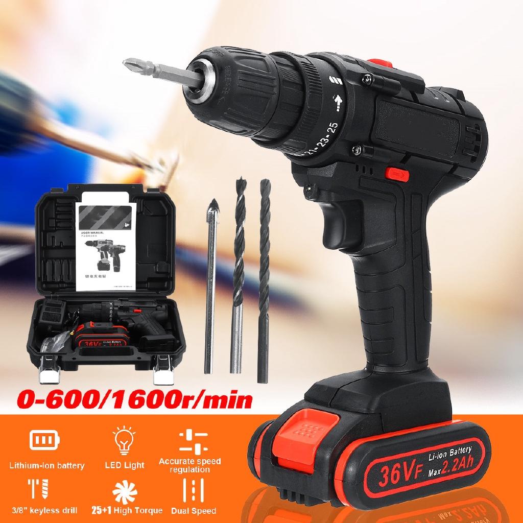 25+1 Torque 2200mAh Electric Cordless Drill With 1 or 2Battery Power Adapter 36V New