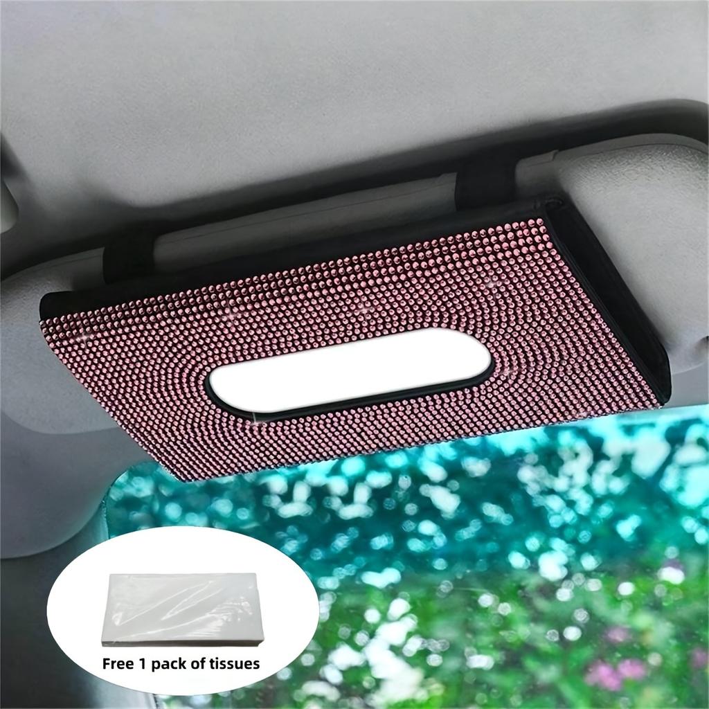1pc Car Tissue Box, Car Sun Visor Tissue Storage Box, Glitter Rhinestone Tissue Bag, PU Leather Artificial Crystal Tissue Box