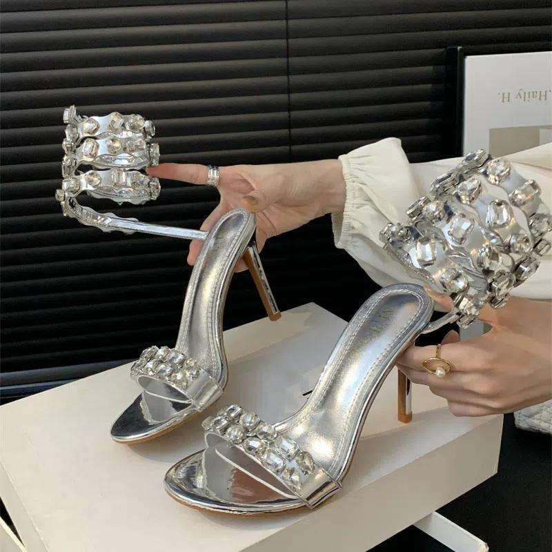 Summer Women's High-heeled Sandals Snake-shaped Winding Sandals Stiletto Open-toed Colorful Rhinestone Strappy High Heels