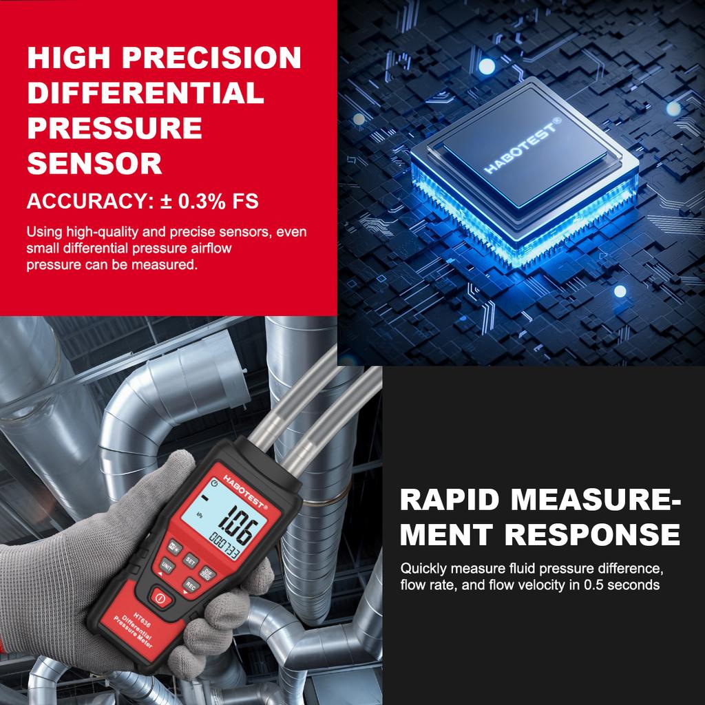 HT636 Digital Manometer Pressure Gauge Meter Handheld Pressure Differential Detector Air Pressure Kit Detector Meter 12 Unit