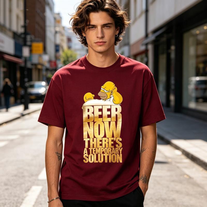 Beer Now Temporary Slogan Cartoon Figure In Beer Cup Graphic T Shirt Unisex Soft 100 Cotton Crew Neck Short Sleeve Tee