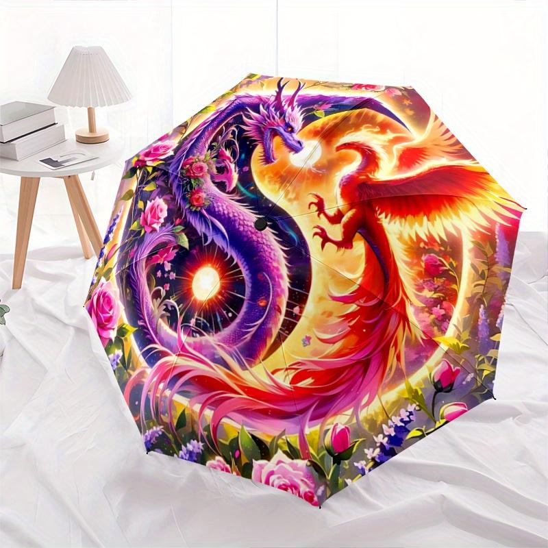 1pc Dragon and Phoenix Dance Amidst Flowers and Light Automatic Opening and Closing Umbrella - Suitable for Various Occasions, Outdoor Activities