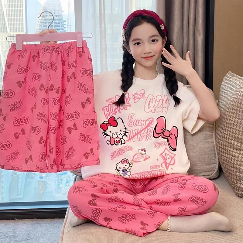 Kids' Cute Cartoon Princess Pajama Set - Summer Short Sleeve, Airy Three-Piece for Girls