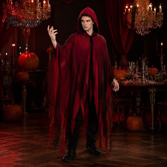 Vampiric Character Outfit Halloween Hooded Cloak, Medieval Gothic Wizard Vampires Cape with Black Mysterious Costume Accessory Mesh, Full Length