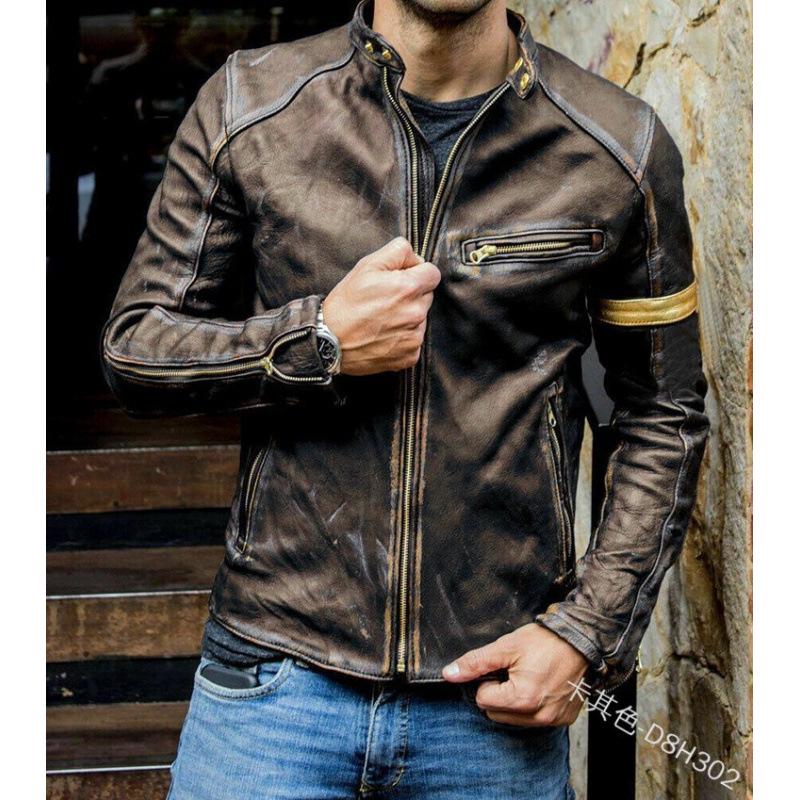 European & American Men's Stand Collar Punk Motorcycle Leather Jacket for Teens and Adults