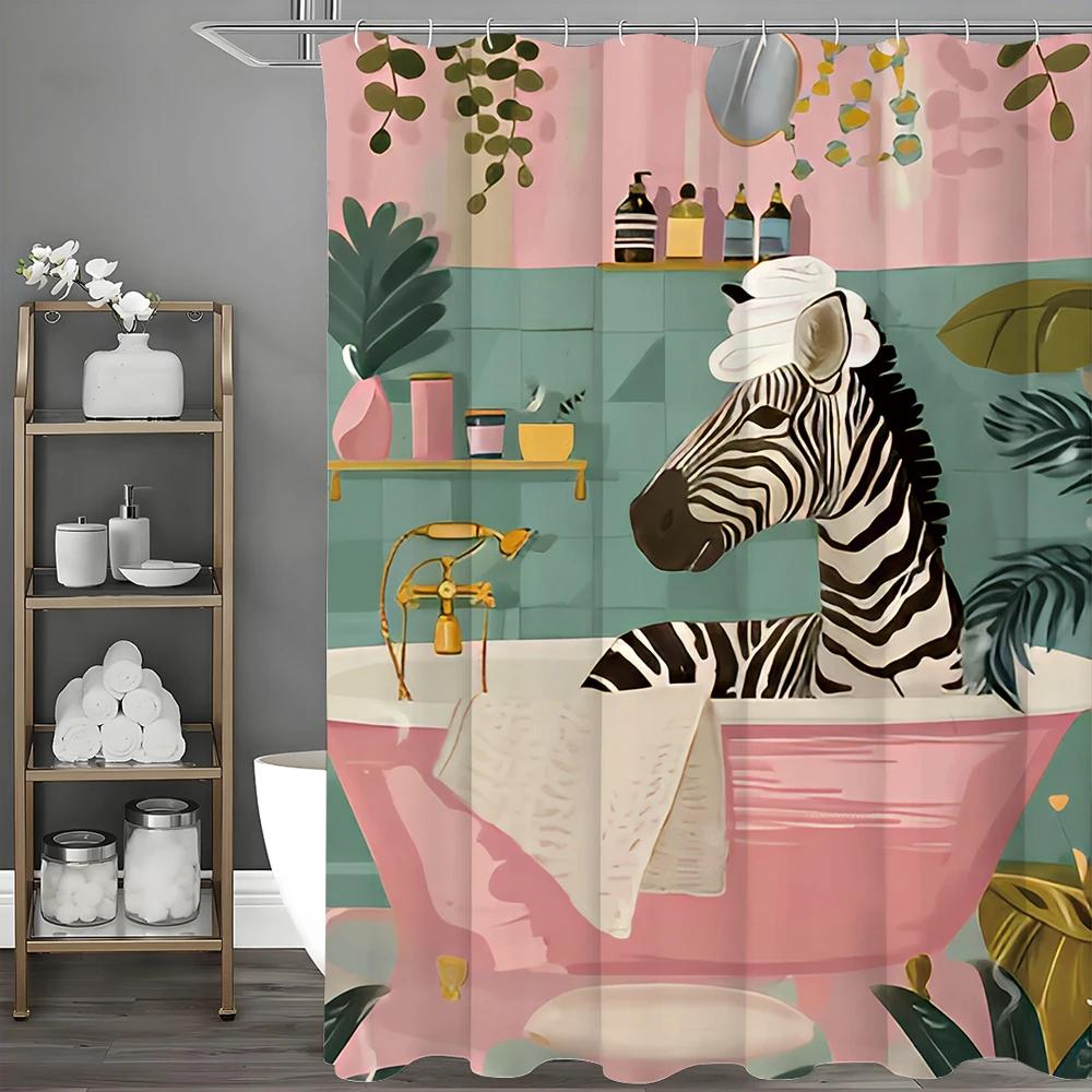 Bathroom Zebra Shower Curtain, Floral Plants, Pink Walls and Bathtub Green Tile Bathroom Decorative Shower Curtain, Waterproof S
