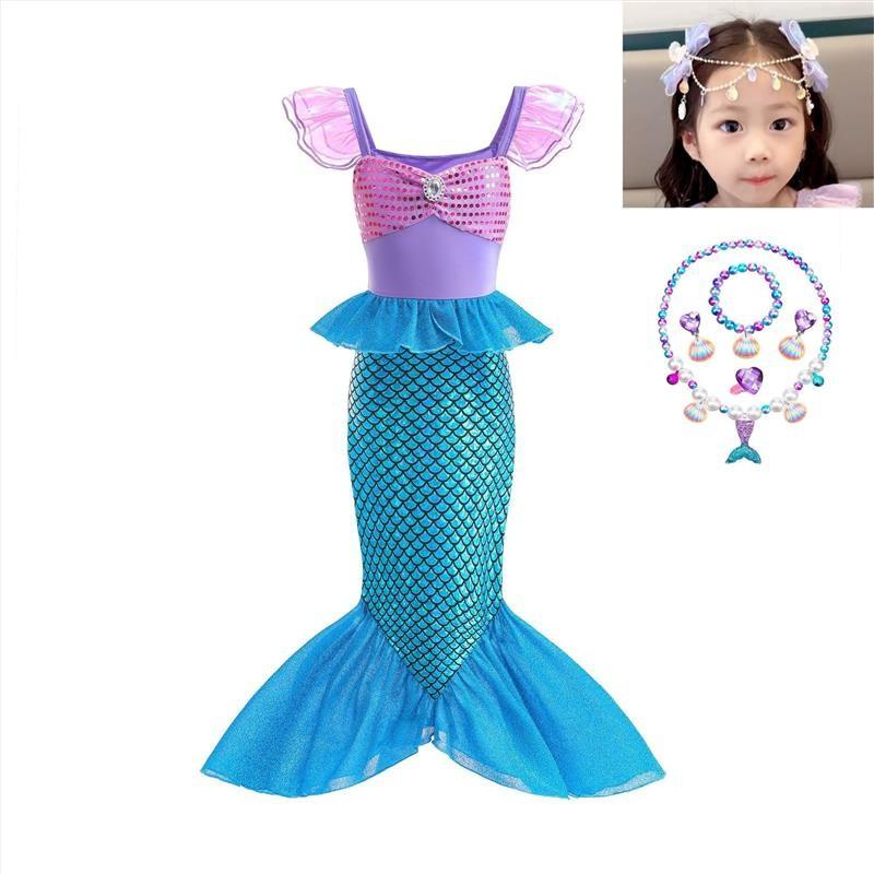 Meerjungfrauenkostüm Kleid Mädchen 3-8 Jahre Prinzessinnen-Partykleid Mit Halskette Krone Zauberstab Zubehör-Set