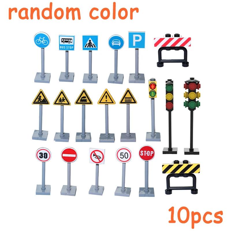 Non-Toxic Moc City Traffic Lights Road Signs Roadblock Signal Light Speed Limit Diy Building Block Scene Construction Minifigs Accessories