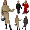 Yousheng 2 Pcs/Set Women Sweatshirt Dress Set Round Neck Long Bat Sleeve Loose Top Slim Fit Slit Hem Midi Dress Casual Commuting Outfit Thick Fall