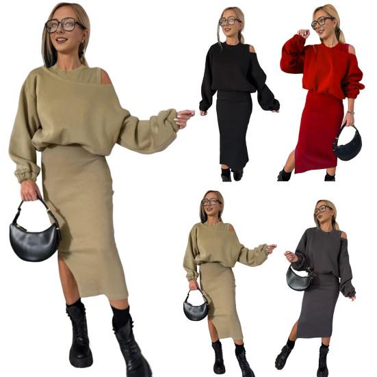 Yousheng 2 Pcs/Set Women Sweatshirt Dress Set Round Neck Long Bat Sleeve Loose Top Slim Fit Slit Hem Midi Dress Casual Commuting Outfit Thick Fall