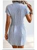 2026 Women's Blue Striped Short-Sleeve Mid-Length Shirt Dress
