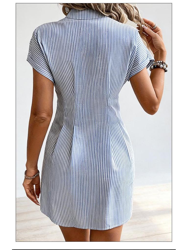 2026 Women's Blue Striped Short-Sleeve Mid-Length Shirt Dress