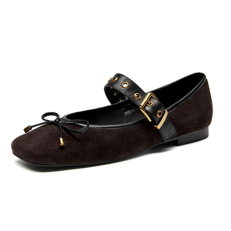 Sheepskin flat-soled single shoes new one-word belt super soft Mary Jane women's shoes bow soft-soled grandma shoes