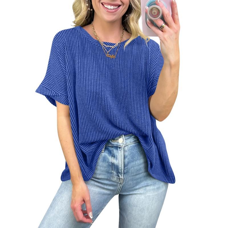 Loose Round Neck Batwing Sleeve Striped Pullover Short Sleeve Casual T Shirt