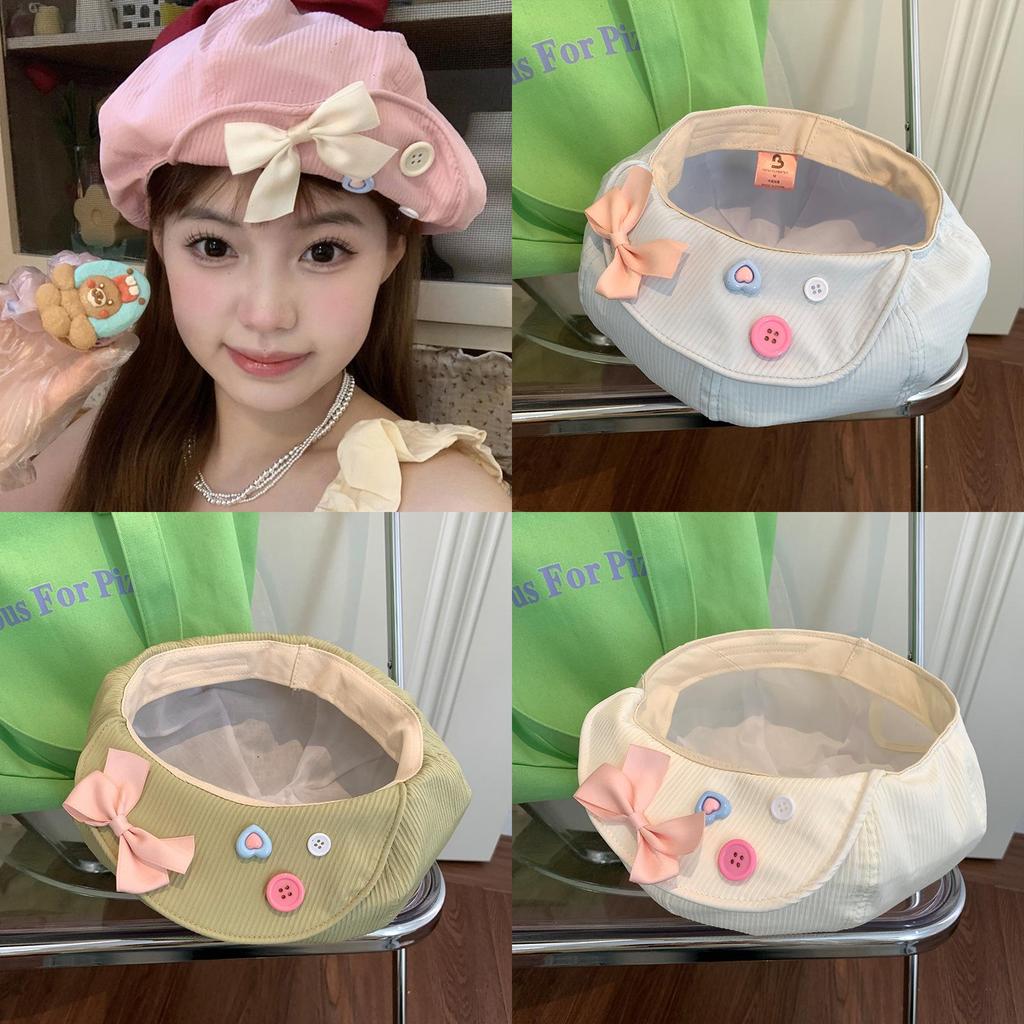 Stylish Japanese Sweet Bowknot Button Cloud Beret Hat For Women In Summer Lightweight Versatile Design