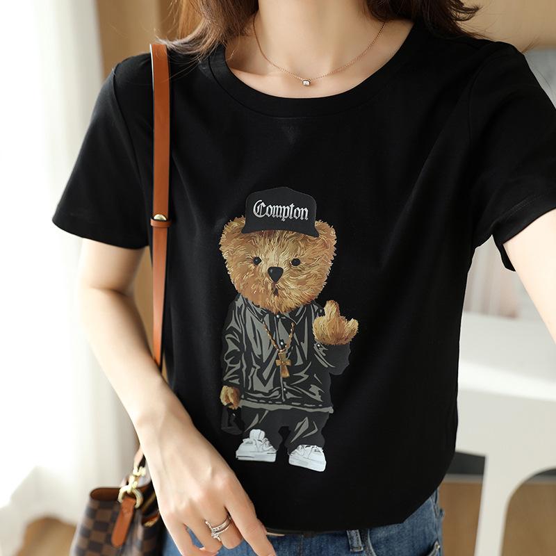 Women's Short-Sleeve Mercerized Cotton T-Shirt, Casual Round Neck, Lightweight Summer Loose Fit Top
