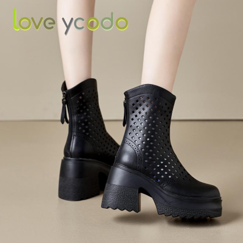 Women's Stylish and Comfortable High Heels Breathable Leather Ankle Boots, Women's Comfortable Increase Waterproof Platform Summer Leather Boots
