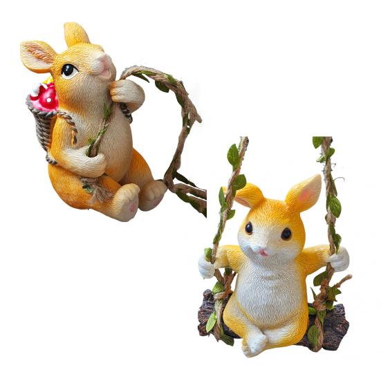 Hanging Swing Statue Rabbit Ornament Rope Tree Stump Base with Imitation Rattan Resin Craft