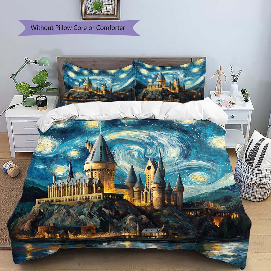 Oil Painting Style Castle Pattern Bedding Quilt Set Home Decoration Gift (1 * duvet cover + 2 * pillowcase without core)