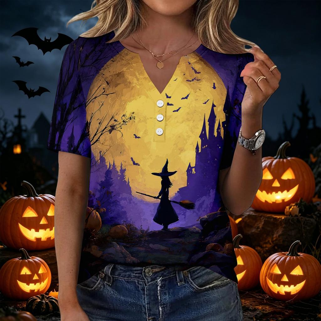Women's Casual Halloween Print V Neck Button Front Three Quarter Sleeve T Shirt Top for Everyday Wear and Seasonal Occasions