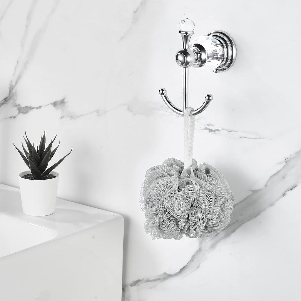 BATHSIR Crystal Robe Hook, Polished Chrome Double Towel Hook for Bathroom, Wall Mounted Silver Coat Hook
