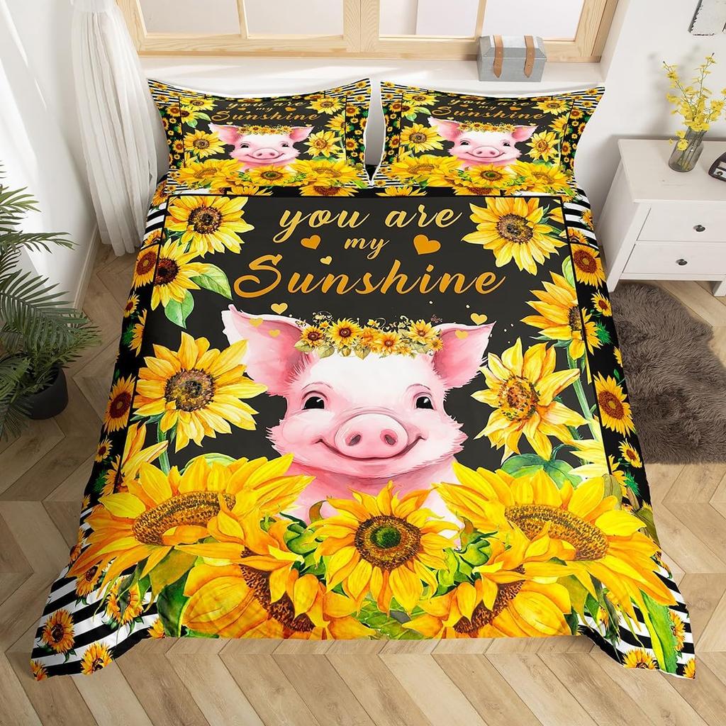 Farm Animal Pig Bedding Set Full Queen Size, Cute Pig Duvet Cover For Kids Girl, Cartoon Pigs Comforter Cover With 2 Pillow Case