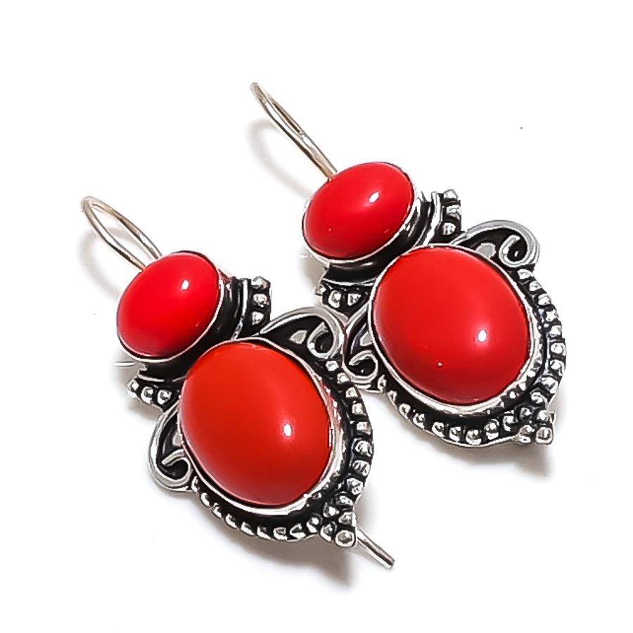 Natural Italian Red Coral 925 Sterling Silver Jewelry Earring 1.65" M8V44