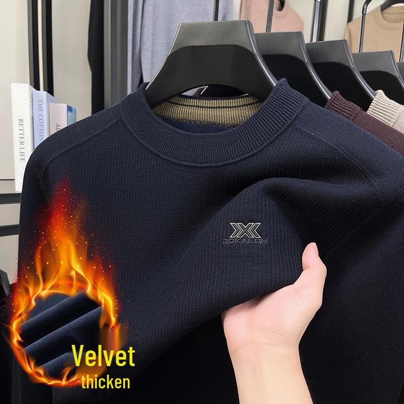 Men's High-Quality Casual Crew Neck Merino Wool Fleece Sweater - Warm, Thickened, Knitted Base Shirt