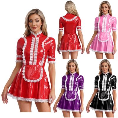 Robe de soubrette en cuir PVC pour femme avec garniture en dentelle Costume de cosplay d'anime pour jeu de rôle