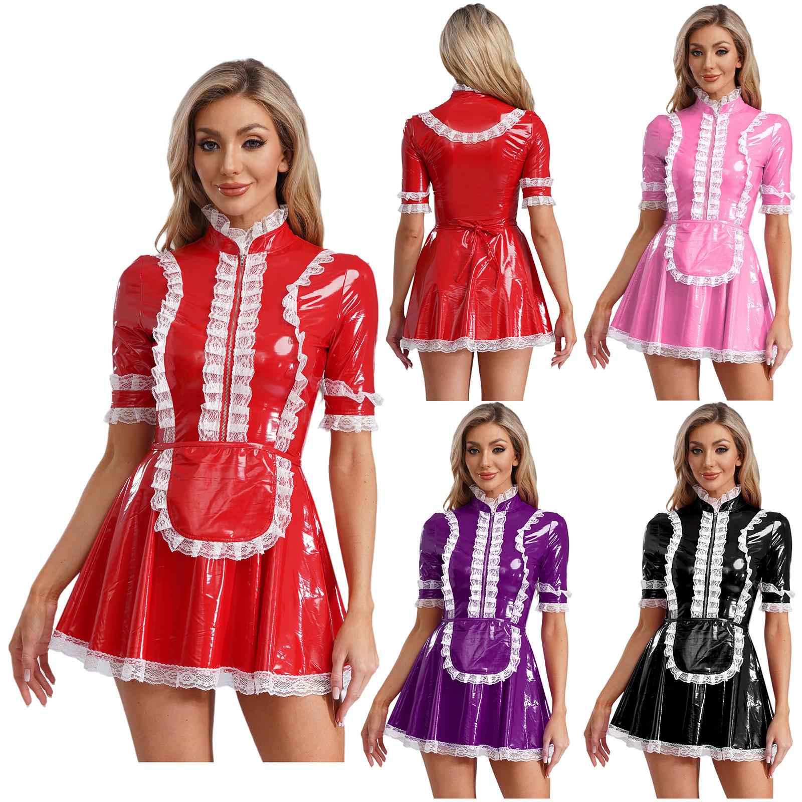 

Womens PVC Leather Lace Trim Maid Dress with Apron Anime Cosplay Role Play Costume 4XL рожевий