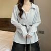 Korean-style V-neck Long-sleeve Shirt for Women, 2026 Spring and Autumn New Model, Versatile for Commuting, Faux Two-piece Top