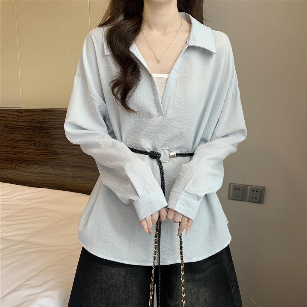 Korean-style V-neck Long-sleeve Shirt for Women, 2026 Spring and Autumn New Model, Versatile for Commuting, Faux Two-piece Top