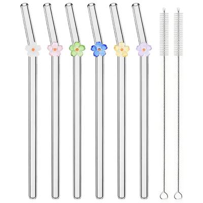 6ks Sada květinových brček High Borosilicate Glass Sada zahnutých brček s kartáčkem Milkshake Káva Koktejl Brčko Barové náčiní