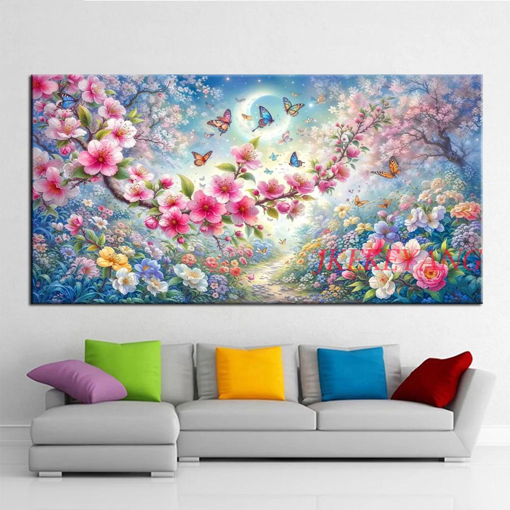 DIY Fantasi Vakker Vår Ferskenblomster Landskap Full Diamantmalingssett Ny 5D Korssting Mosaikk for Slående Kunst