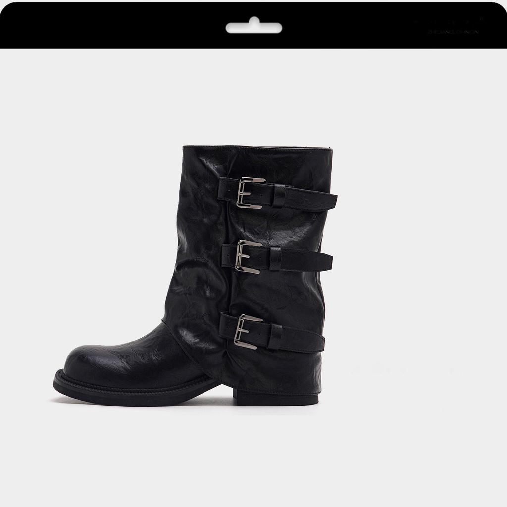 [Uncle Shoes] 2025 Cowboy Martin Boots Short Boots Western Folded Medium Boots Women's New Belt Buckle Autumn and Summer