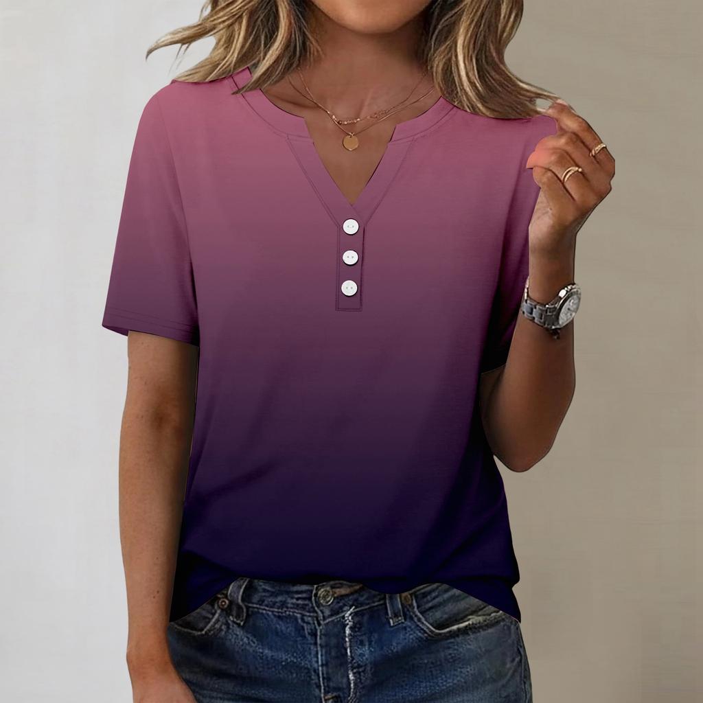 Women's Fashionable Casual Short-sleeved Gradient Printed V-neck Top